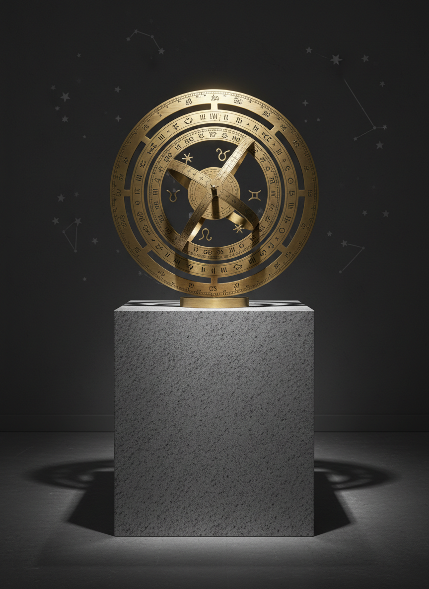 An ornate astrolabe crafted from brushed antique brass sits centered on a minimalist stone pedestal, its concentric rings delicately engraved with zodiac symbols and fine numerals. The background is a deep charcoal wall, barely visible star patterns etched in faint silver across it. Overhead, soft studio lighting creates a halo-like glow on the astrolabe’s upper edges, while subtle side lighting from the left casts elegant, elongated shadows on the pedestal surface. The scene feels refined and timeless, suggesting cosmic order and guidance. Photographic realism with a clean, gallery-style aesthetic, shot straight-on at eye level, sharp focus throughout, emphasizing every engraved line and the contrast between the warm metal and cool stone.